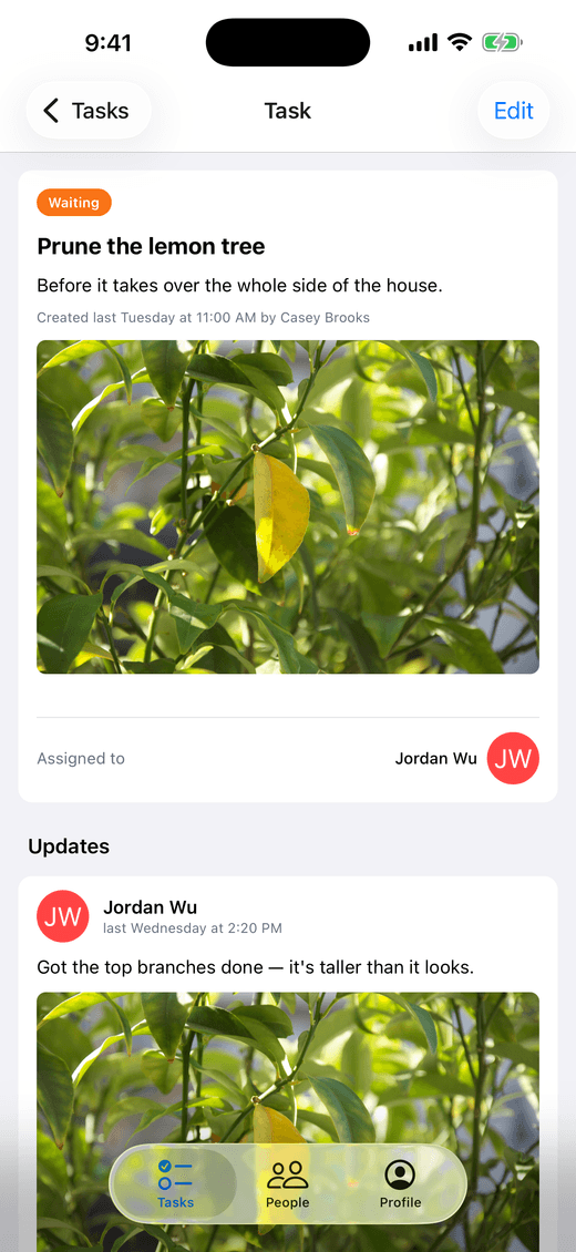 A task showing its photo, who it is assigned to, and a thread of updates.
