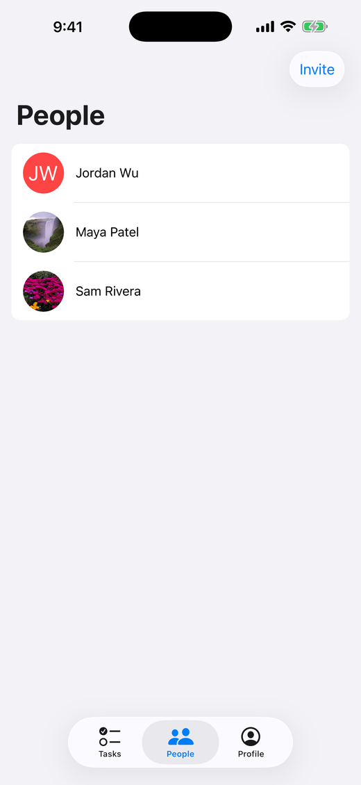 The people list, showing the friends and family you are connected with.