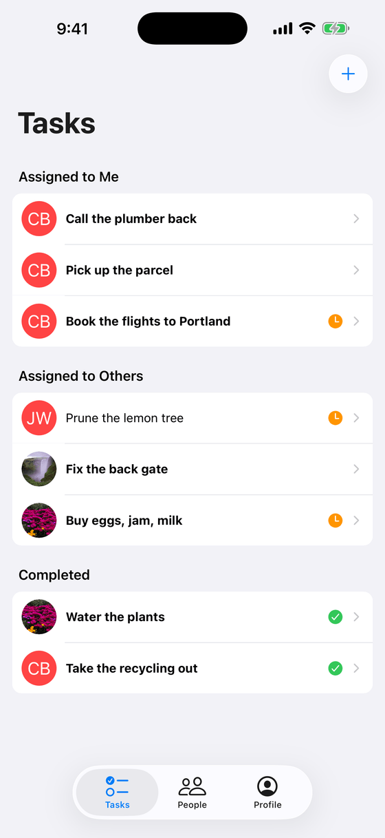The task list, grouped into tasks assigned to you, assigned to others, and completed.